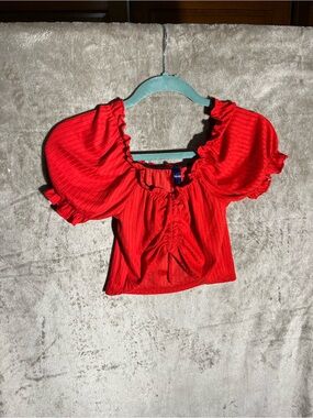 Scotch & Soda Red Ruched Puff-Sleeve Crop Top